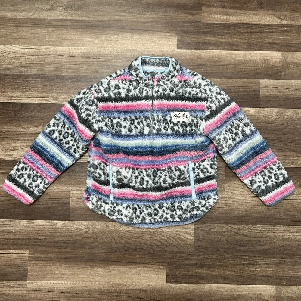 Hurley Sherpa Fleece Pullover Kids 7/8 Pink Purple Gray Leopard Stripe Soft Cozy